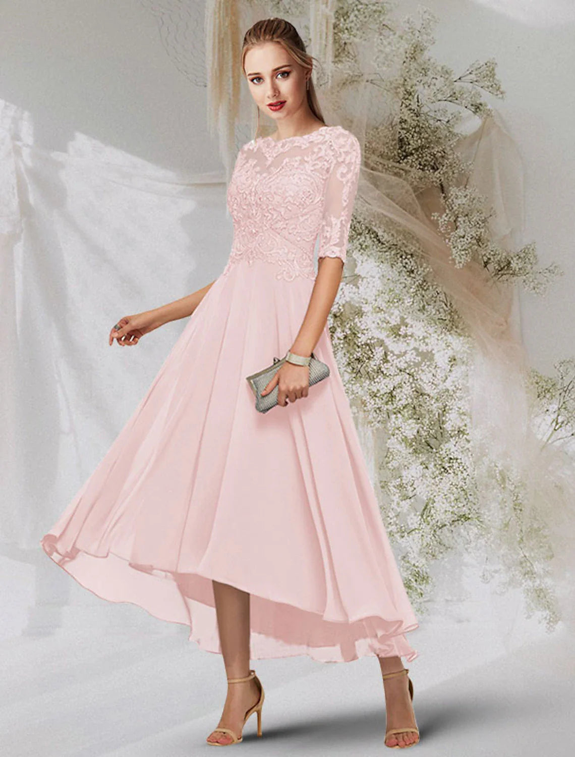 A-Line Evening Gown Empire Dress Wedding Guest Formal Evening Asymmetrical Long Sleeve Jewel Neck Chiffon with Beading