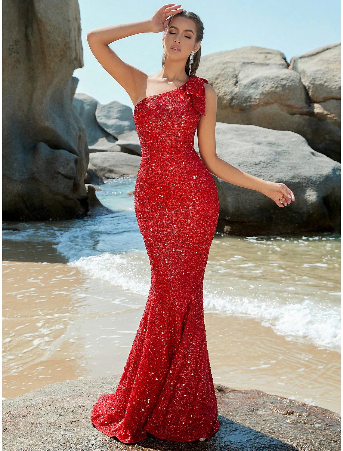 Mermaid Trumpet Evening Gown Sparkle Shine Dress Formal Fall Sweep Brush Train Sleeveless One Shoulder