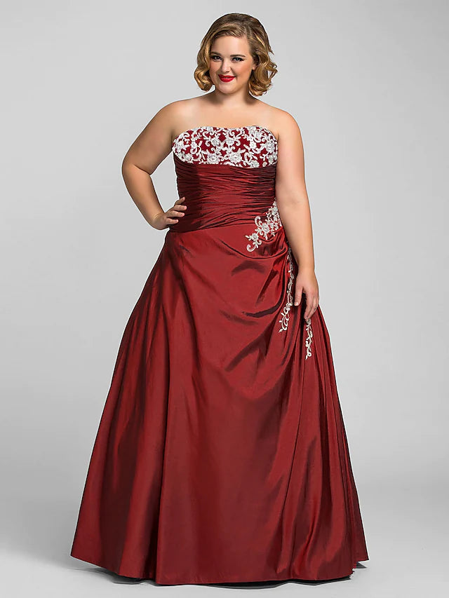 Ball Gown Plus Size Prom Formal Evening Dress Strapless Sleeveless Floor Length Taffeta with Beading=