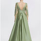 A-Line Evening Gown Elegant Dress Formal Floor Length 3/4 Length Sleeve Jewel Neck Satin with Slit Embroidery