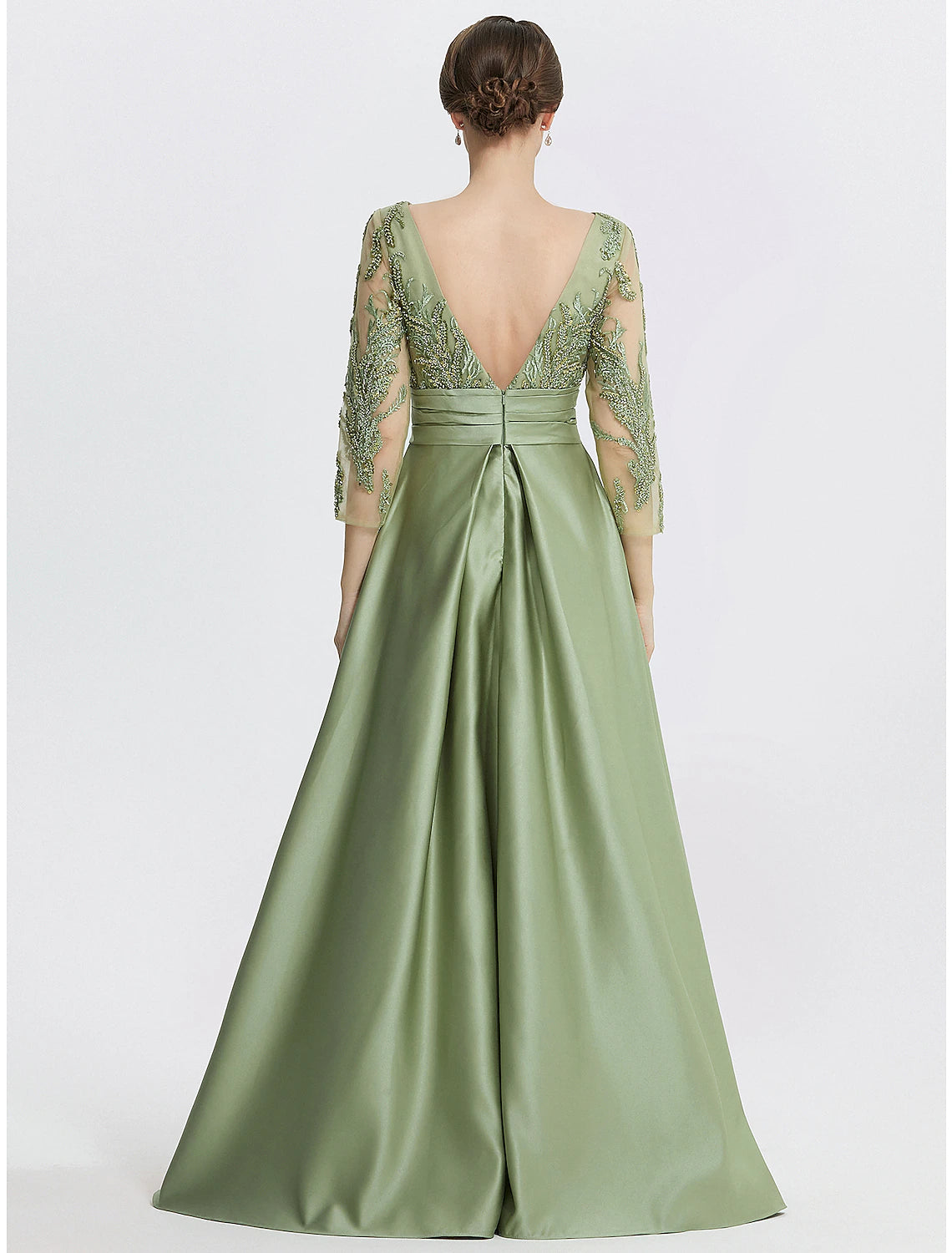 A-Line Evening Gown Elegant Dress Formal Floor Length 3/4 Length Sleeve Jewel Neck Satin with Slit Embroidery