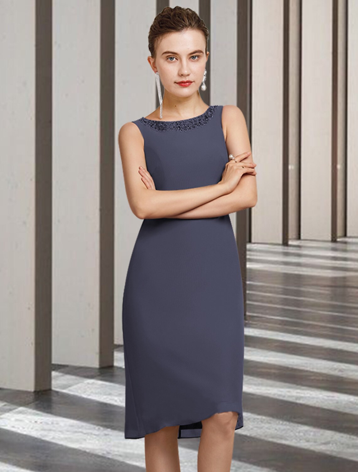 Two Piece Sheath / Column Mother of the Bride Dress Elegant Jewel Neck Knee Length Chiffon Sleeveless