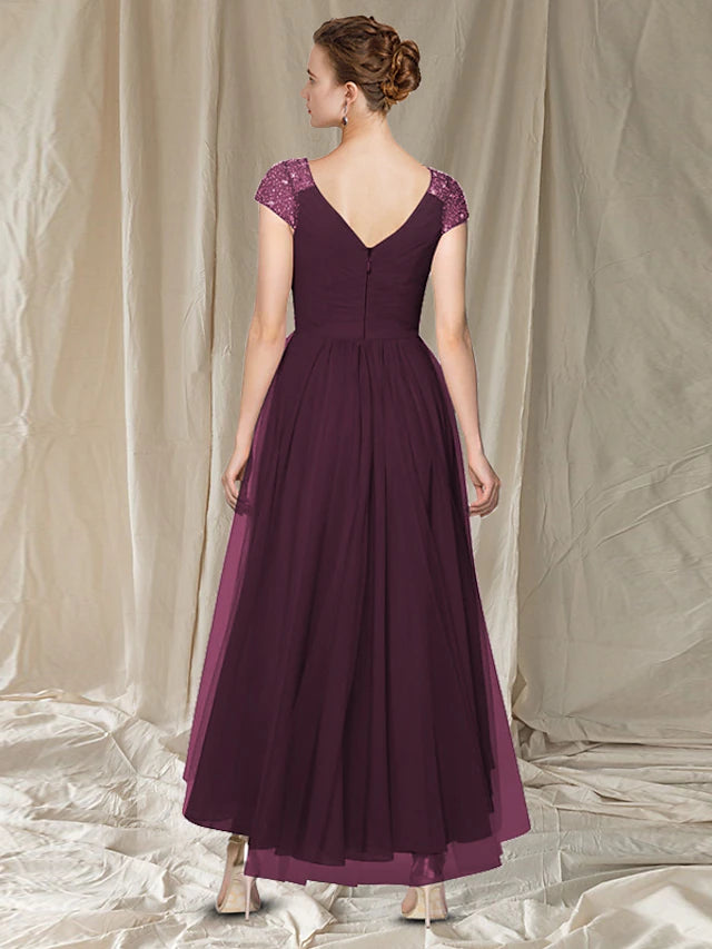 A-Line Mother of the Bride Dress Elegant High Low V Neck Asymmetrical Ankle Length Chiffon Cap Sleeve with Pleats Beading