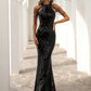 Mermaid / Trumpet Wedding Guest Dresses Sparkle & Shine Dress Halloween Evening Party Floor Length Sleeveless High Neck Sequined with Fringe
