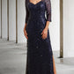 Sheath / Column Mother of the Bride Dress Elegant Sparkle & Shine Square Neck Floor Length Tulle Sequined 3/4 Length Sleeve with Beading Sequin Split