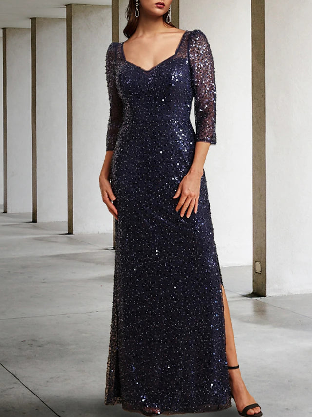 Sheath / Column Mother of the Bride Dress Elegant Sparkle & Shine Square Neck Floor Length Tulle Sequined 3/4 Length Sleeve with Beading Sequin Split