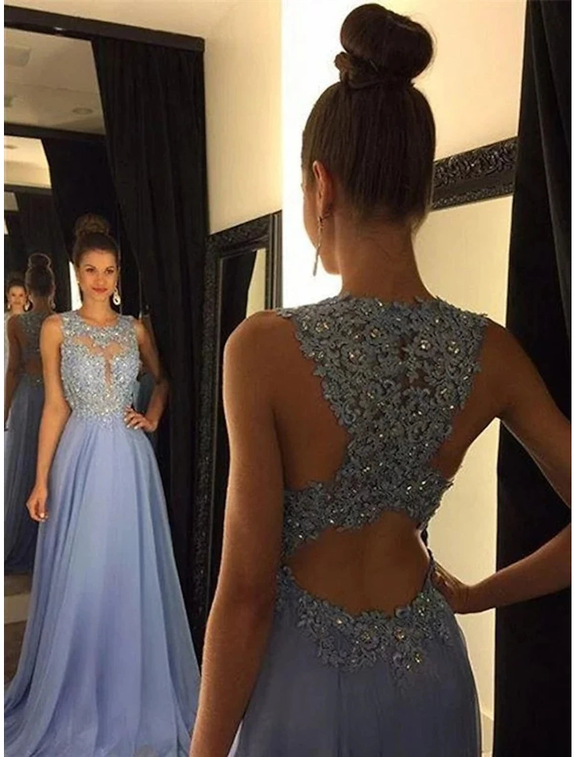 A-Line Empire Prom Formal Evening Dress Jewel Neck Sleeveless Sweep / Brush Train Chiffon with Beading