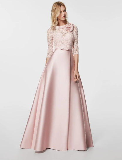 A-Line Evening Gown Party Dress Minimalist Dress Wedding Guest Formal Evening Floor Length Half Sleeve Jewel Neck Satin with Sash