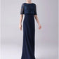 A-Line Mother of the Bride Dress Elegant Sweet Jewel Neck Floor Length Chiffon Half Sleeve with Lace Crystals Beautiful