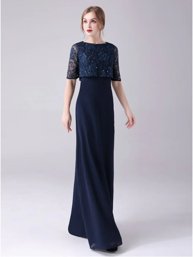 A-Line Mother of the Bride Dress Elegant Sweet Jewel Neck Floor Length Chiffon Half Sleeve with Lace Crystals Beautiful