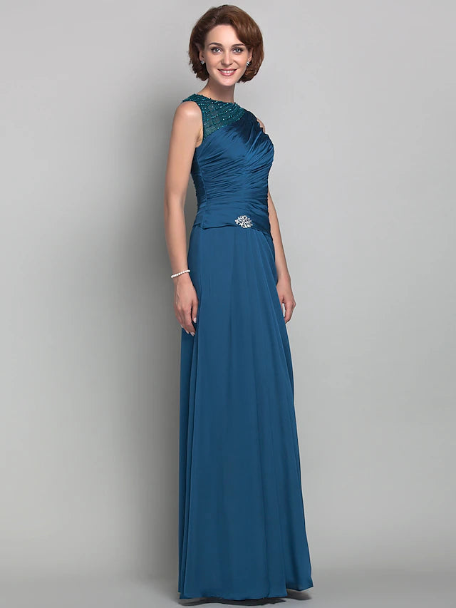 Sheath / Column Mother of the Bride Dress Vintage Inspired Jewel Neck Floor Length Satin Chiffon Sleeveless