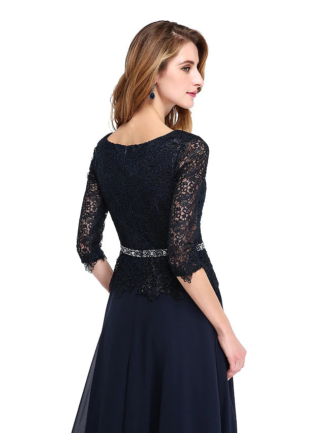 A-Line Mother of the Bride Dress Elegant Jewel Neck Floor Length Chiffon Lace Bodice 3/4 Length Sleeve with Sash / Ribbon