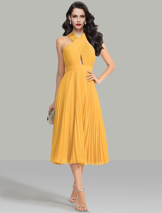 A-Line Wedding Guest Dresses Elegant Dress Cocktail Party Wedding Party Tea Length Sleeveless Halter Neck Chiffon