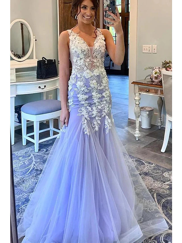 Mermaid / Trumpet Prom Dresses Floral Dress Formal Sweep / Brush Train Sleeveless V Neck Tulle with Ruffles