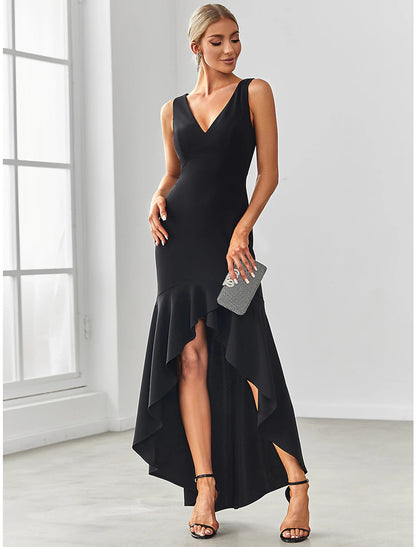 Mermaid / Trumpet Evening Gown Sexy Dress Formal Wedding Guest Asymmetrical Sleeveless V Neck Nylon V Back with Ruffles