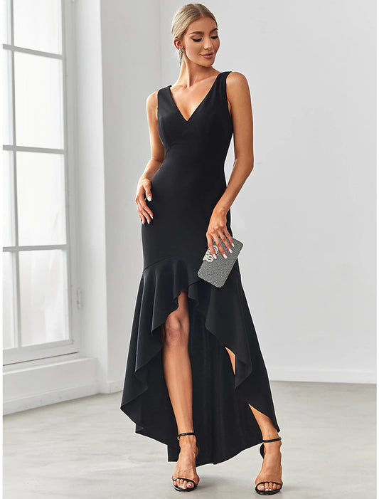 Mermaid / Trumpet Evening Gown Sexy Dress Formal Wedding Guest Asymmetrical Sleeveless V Neck Nylon V Back with Ruffles