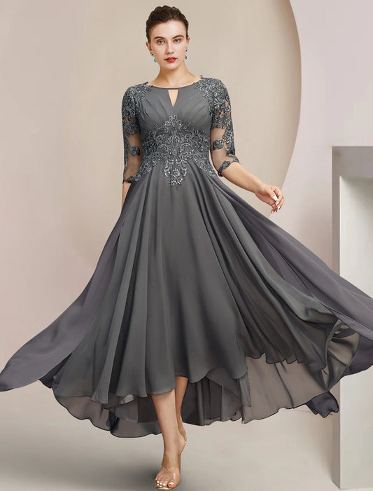 A-Line Mother of the Bride Dress Formal Wedding Guest Elegant High Low Scoop Neck Tea Length Chiffon Lace Half Sleeve with Sequin