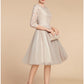 A-Line Mother of the Bride Dress Wedding Guest Elegant Petite Jewel Neck Knee Length Lace Tulle Half Sleeve with Pleats