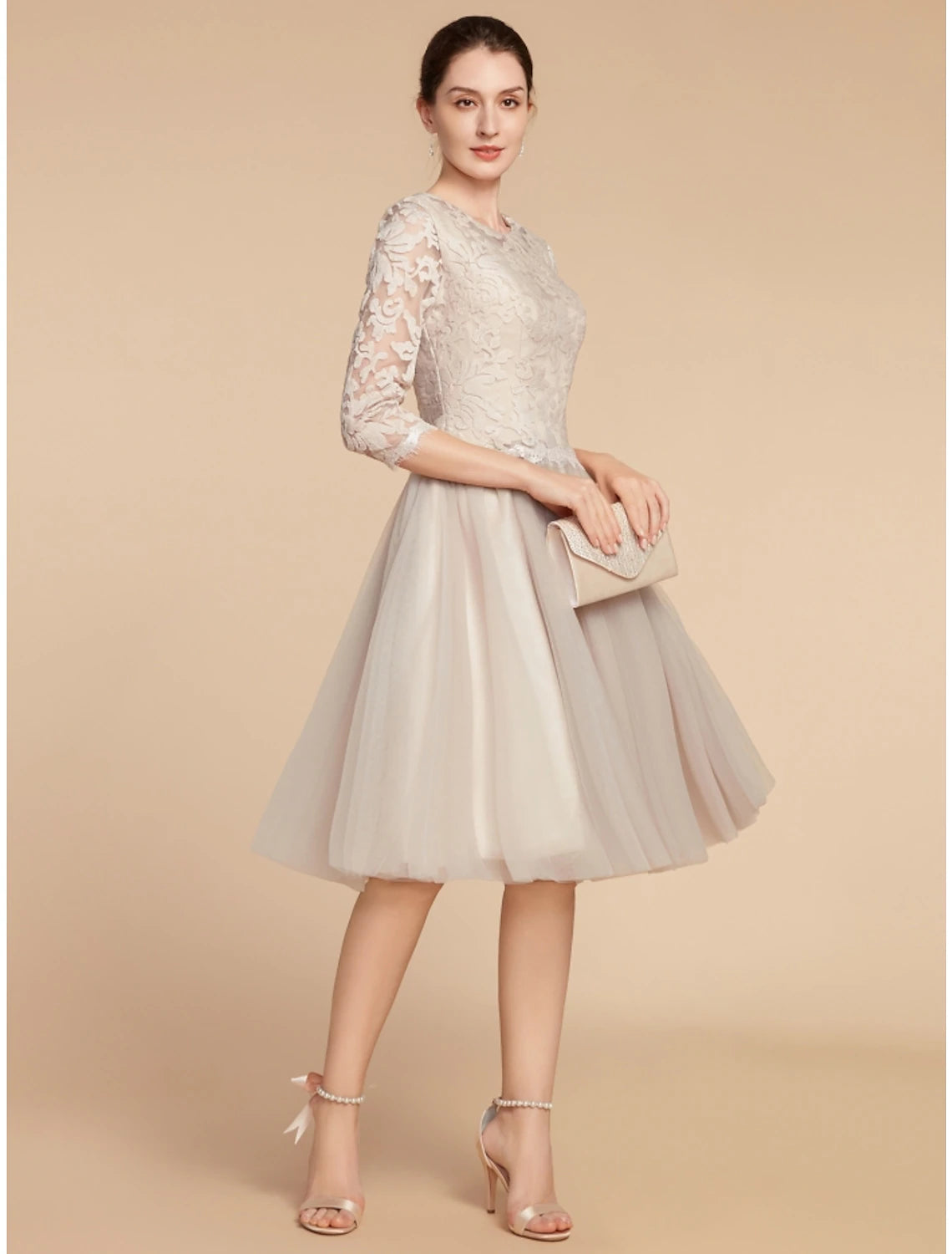 A-Line Mother of the Bride Dress Wedding Guest Elegant Petite Jewel Neck Knee Length Lace Tulle Half Sleeve with Pleats