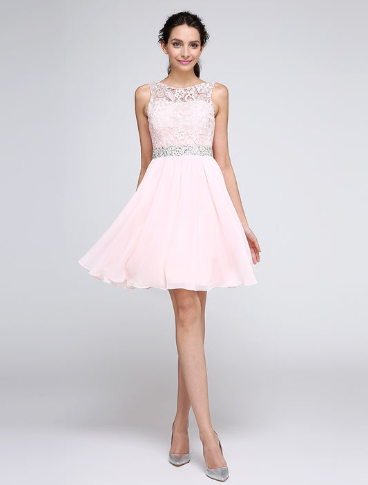 A-Line Special Occasion Dresses Party Dress Homecoming Graduation Short / Mini Sleeveless Illusion Neck Pink Dress Chiffon V Back Low Back