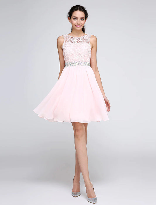 A-Line Special Occasion Dresses Party Dress Homecoming Short / Mini Sleeveless Illusion Neck Chiffon V Back Low Back