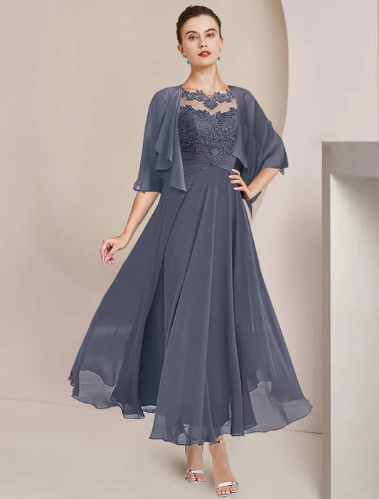 Two Piece A-Line Mother of the Bride Dress Formal Wedding Guest Elegant Scoop Neck Tea Length Chiffon Lace 3/4 Length Sleeve Wrap Included with Appliques