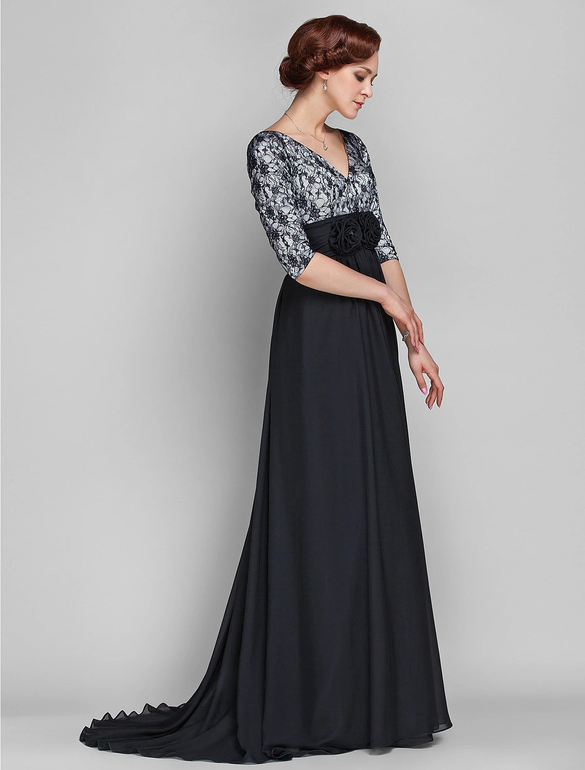 A-Line Mother of the Bride Dress Vintage Inspired V Neck Sweep / Brush Train Chiffon Lace Half Sleeve with Lace Ruched