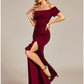 Prom Dress Wedding Guest Dress Long Black Wine Short Sleeve Pure Color Ruched Spring Fall Off Shoulder