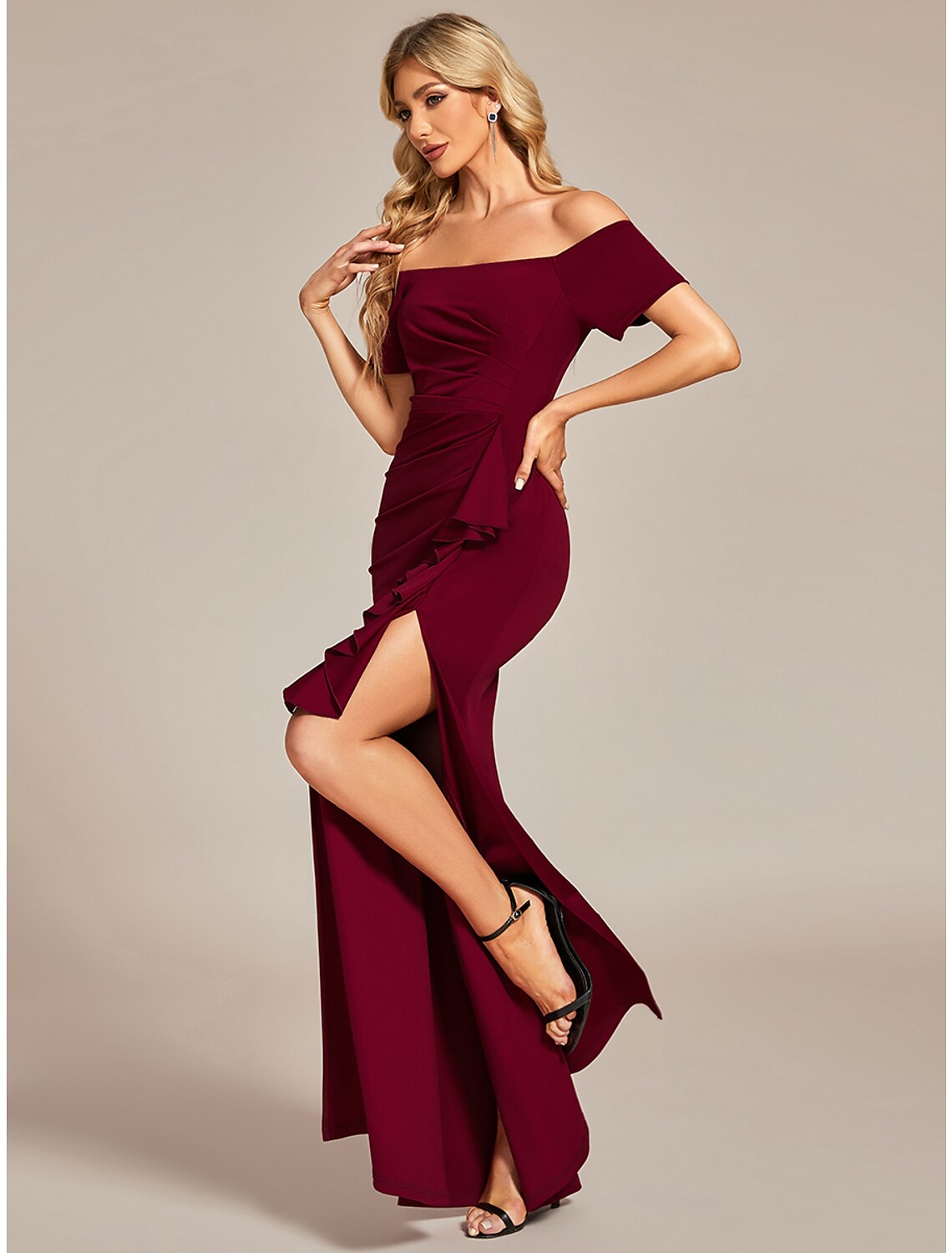 Prom Dress Wedding Guest Dress Long Black Wine Short Sleeve Pure Color Ruched Spring Fall Off Shoulder