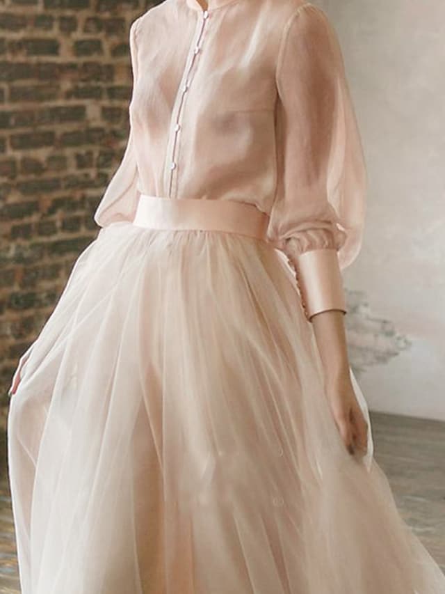 Two Piece Empire Minimalist Wedding Guest Formal Evening Birthday Dress Stand Collar Long Sleeve Floor Length Chiffon