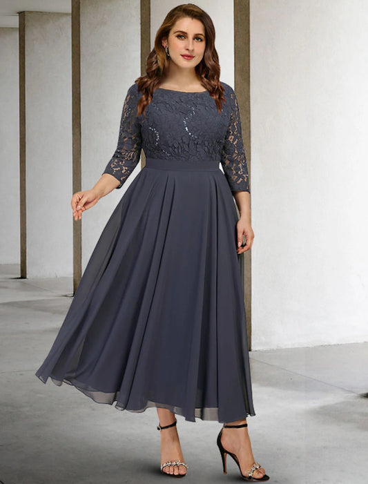 A-Line Mother of the Bride Dresses Plus Size Hide Belly Curve Elegant Dress Formal Tea Length 3/4 Length Sleeve Jewel Neck Chiffon