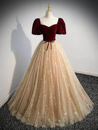 A-Line Prom Dresses Princess Dress Engagement Floor Length Short Sleeve Sweetheart Tulle with Bow(s)