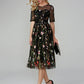 A-Line Party Dress Holiday Tea Length Half Sleeve Illusion Neck Organza with Embroidery
