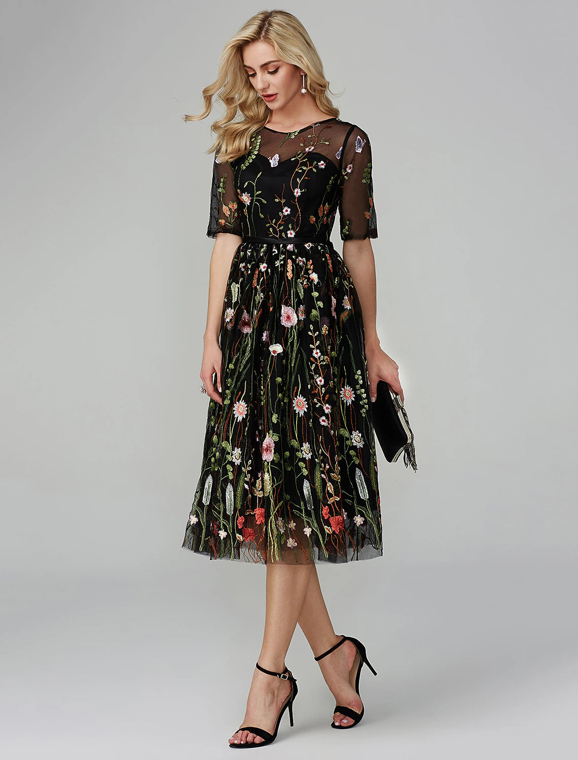 A-Line Party Dress Holiday Tea Length Half Sleeve Illusion Neck Organza with Embroidery