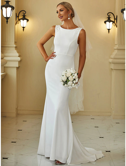 Reception Casual Wedding Dresses Mermaid / Trumpet Scoop Neck Sleeveless Sweep / Brush Train Stretch Fabric Bridal Gowns With Beading