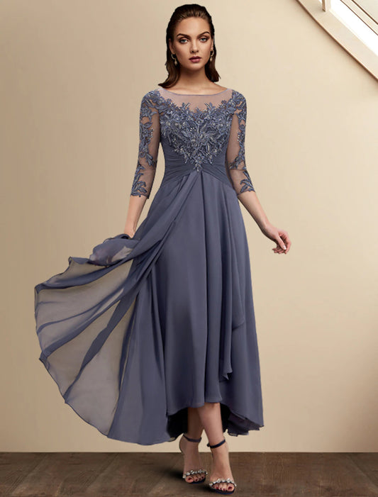 A-Line Mother of the Bride Dress Wedding Guest Plus Size Elegant High Low Jewel Neck Asymmetrical Tea Length Chiffon Lace 3/4 Length Sleeve with Sequin