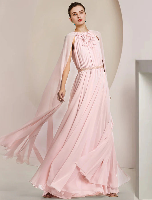 A-Line Mother of the Bride Dress Formal Wedding Guest Elegant Scoop Neck Floor Length Chiffon Sleeveless with Sash Flower