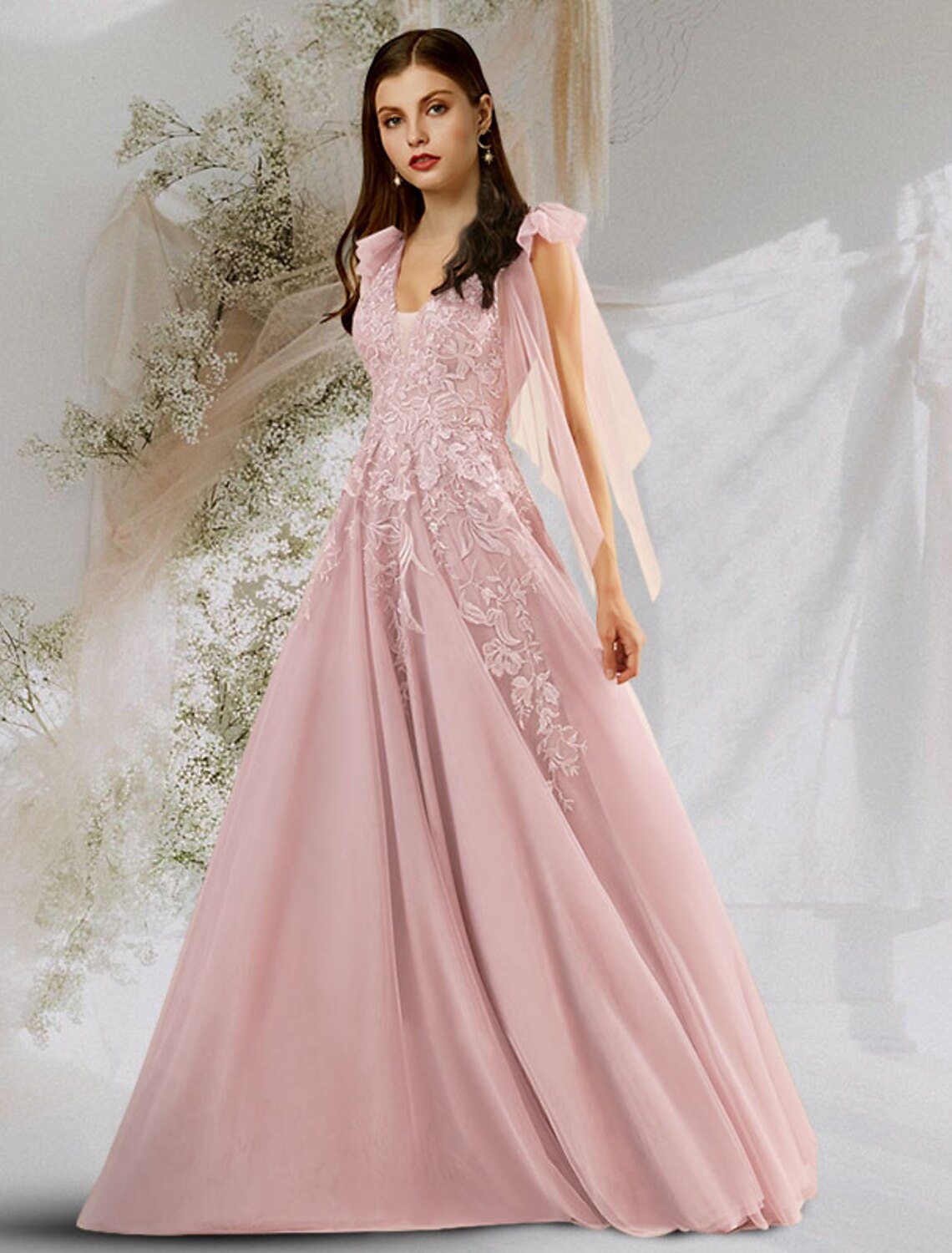 A-Line Beautiful Back Floral Open Back Engagement Prom Dress V Neck Backless Sleeveless Floor Length Tulle with Bow(s)