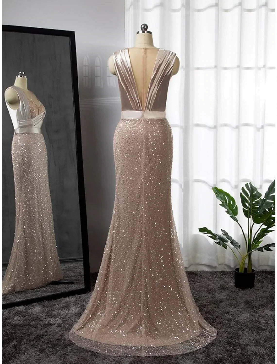 A-Line Evening Gown Elegant Dress Formal Court Train Long Sleeve Illusion Neck Stretch Satin with Pleats Ruched