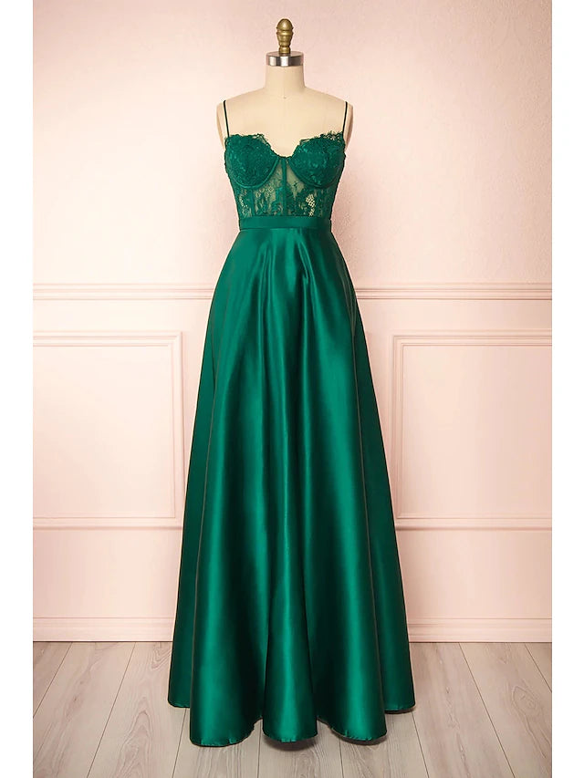 A-Line Prom Dresses See Through Dress Formal Floor Length Sleeveless Sweetheart Satin Backless