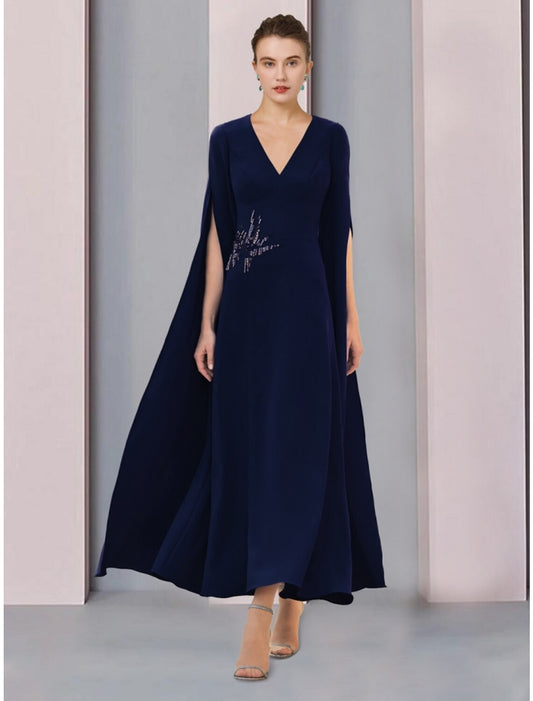 A-Line Mother of the Bride Dress Wedding Guest Elegant V Neck Ankle Length Stretch Chiffon Half Sleeve with Sequin Ruching