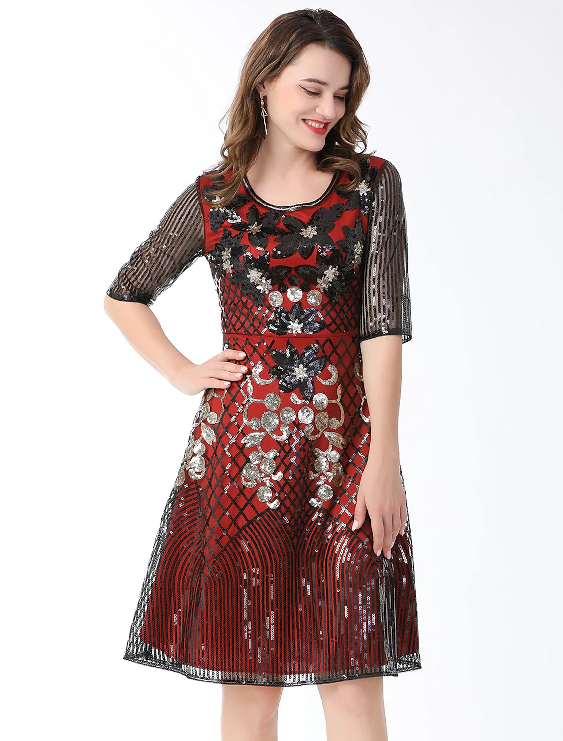 A-Line Cocktail Dresses Vintage Dress Holiday Knee Length Half Sleeve Jewel Neck Cotton Blend with Sequin