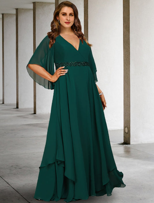 A-Line Mother of the Bride Dresses Plus Size Hide Belly Curve Elegant Dress Formal Sweep / Brush Train Half Sleeve V Neck Chiffon with Ruffles