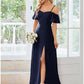 A-Line Wedding Guest Dresses Elegant Dress Formal Floor Length Short Sleeve Off Shoulder Stretch Fabric with Slit