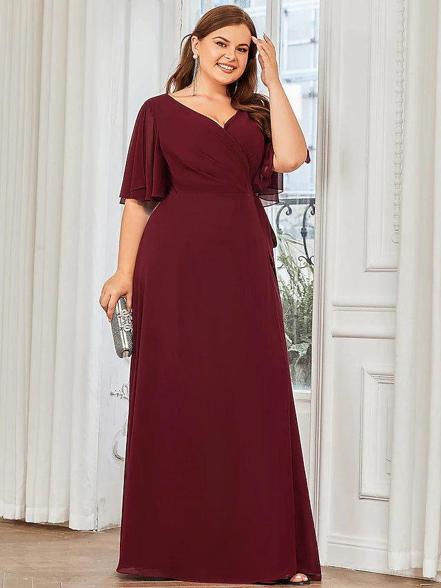 A-Line Bridesmaid Dress V Neck Short Sleeve Elegant Floor Length Chiffon with Ruffles / Draping