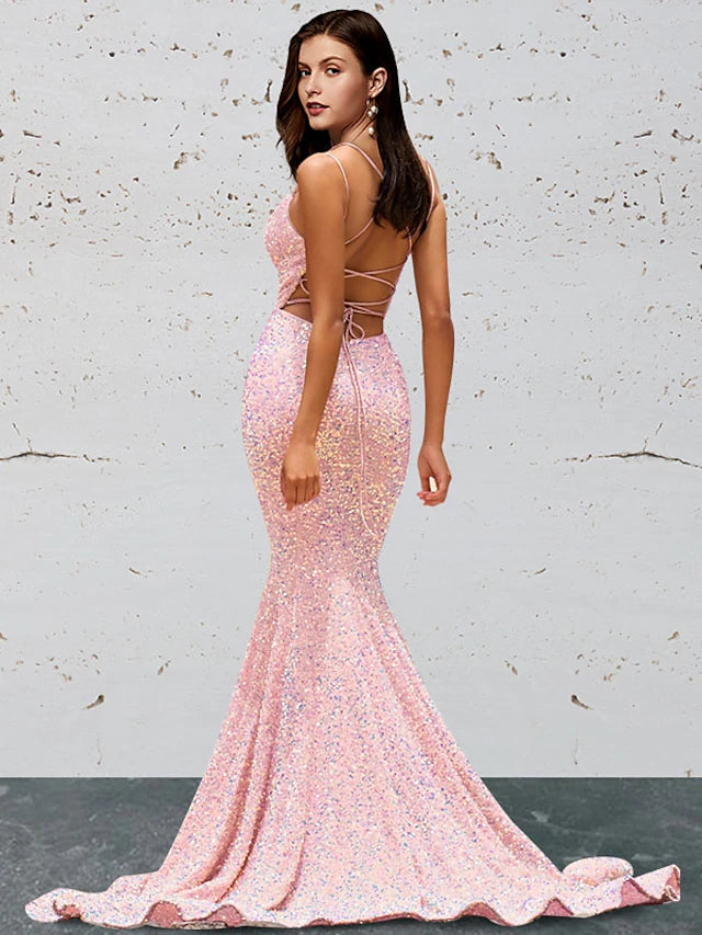 Mermaid / Trumpet Prom Dresses Open Back Dress Prom Sweep / Brush Train Sleeveless Sweetheart Sequined Backless