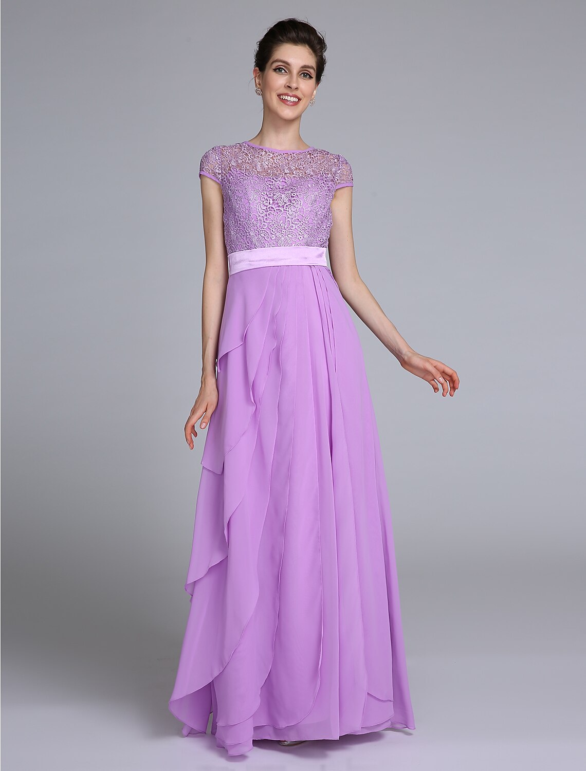 Sheath / Column Mother of the Bride Dress See Through Jewel Neck Floor Length Chiffon Short Sleeve