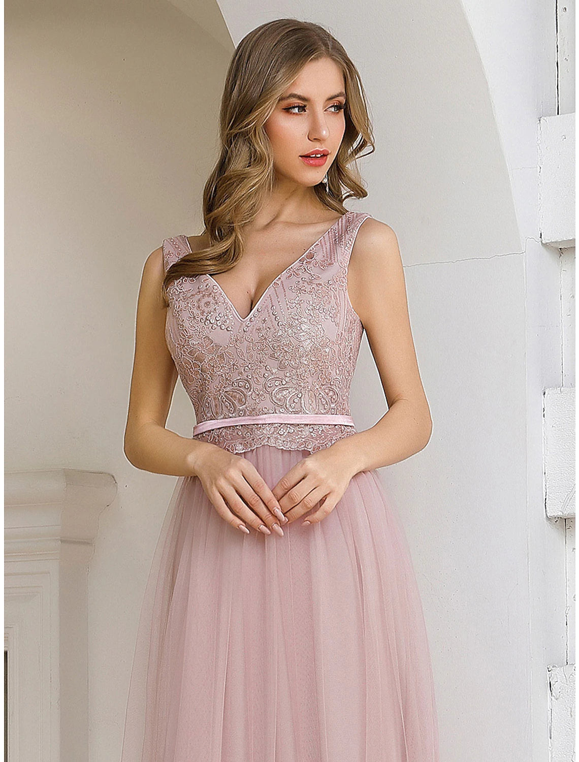 A-Line Evening Gown Elegant Dress Wedding Guest Formal Evening Floor Length Sleeveless V Neck Satin V Back with Sash / Ribbon