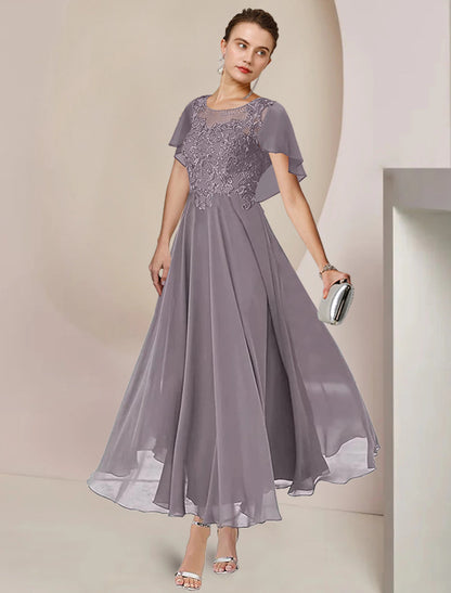 A-Line Mother of the Bride Dress Elegant Scoop Neck Tea Length Chiffon Lace Sleeveless with Beading