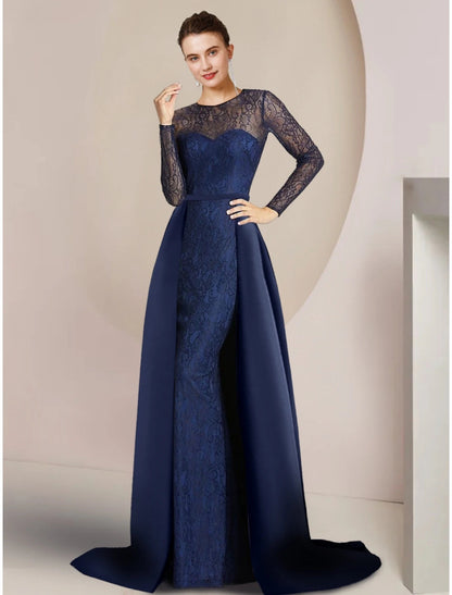 A-Line Mother of the Bride Dress Wedding Guest Party Elegant Jewel Neck Sweep / Brush Train Lace Long Sleeve with Ruching